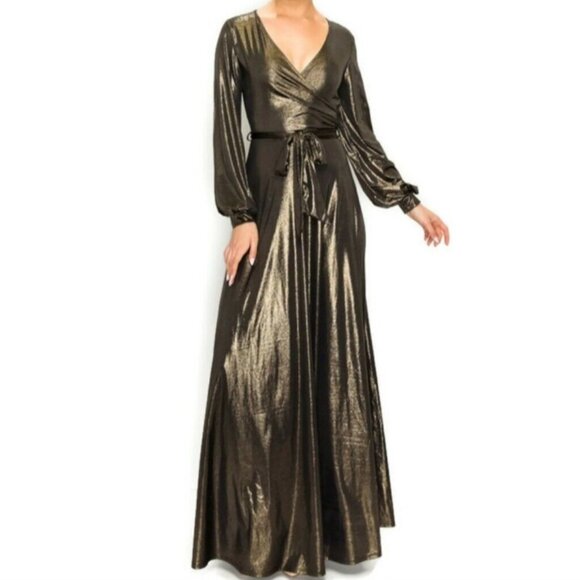 Janette Fashion Black Gold Bell Long Sleeve Evening Formal Faux Wrap Maxi Dress - Picture 2 of 4